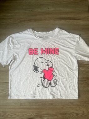Peanuts White Tee with Pink 'Be Mine' Snoopy Heart Graphic
